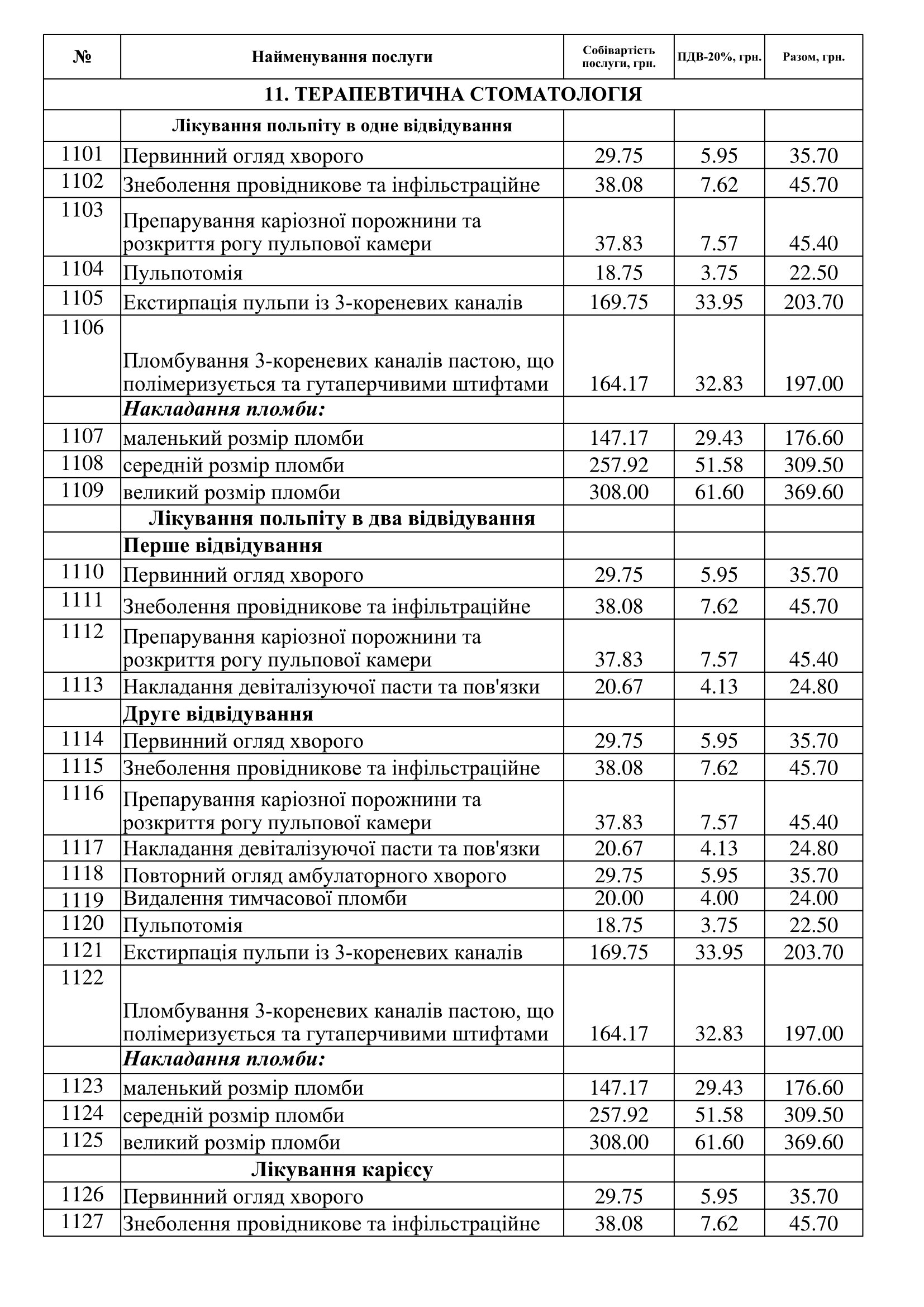 "Про внесення змін до переліку платних послуг" введено в дію нові тарифи за 1 послугу з 11.11.2020 року